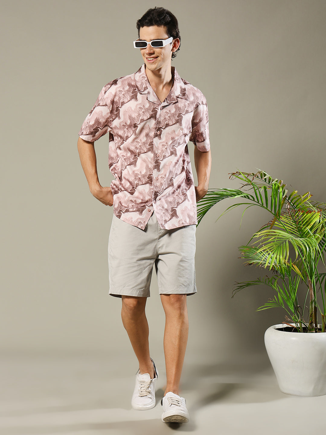 Mens Cuban Collar Printed Casual Shirt