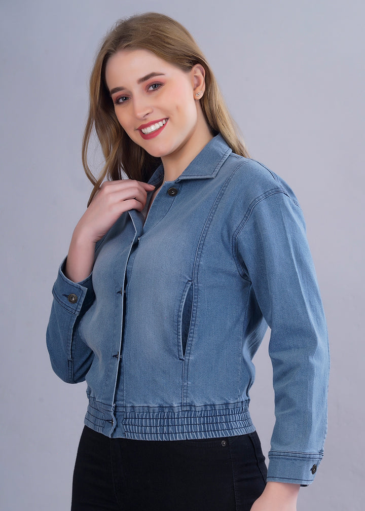 Cropped Blue Denim Jacket For Womens
