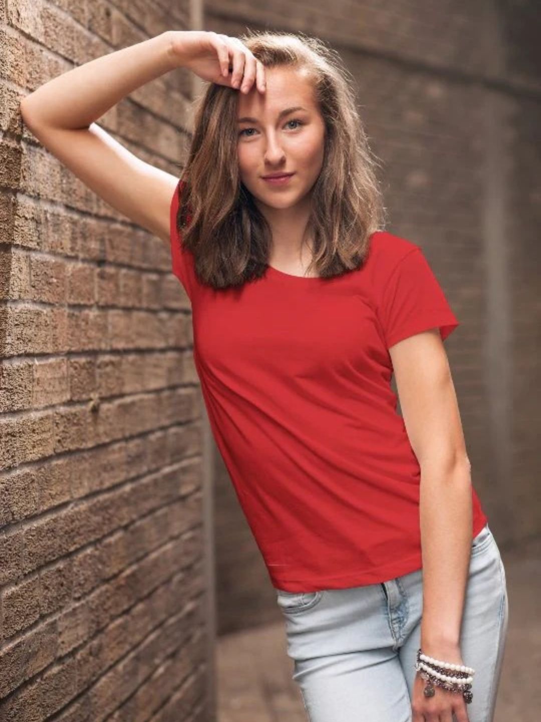 Women Solid Half Sleeve T-Shirt - Candy Red