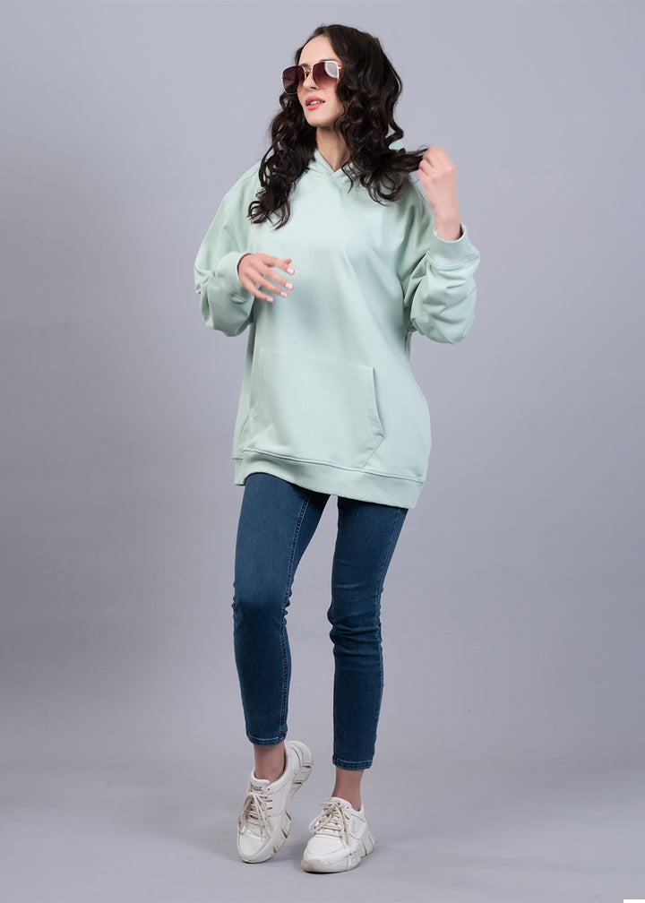 Solid Mint Green Women Drop Shoulder Terry Hoodie | Pronk