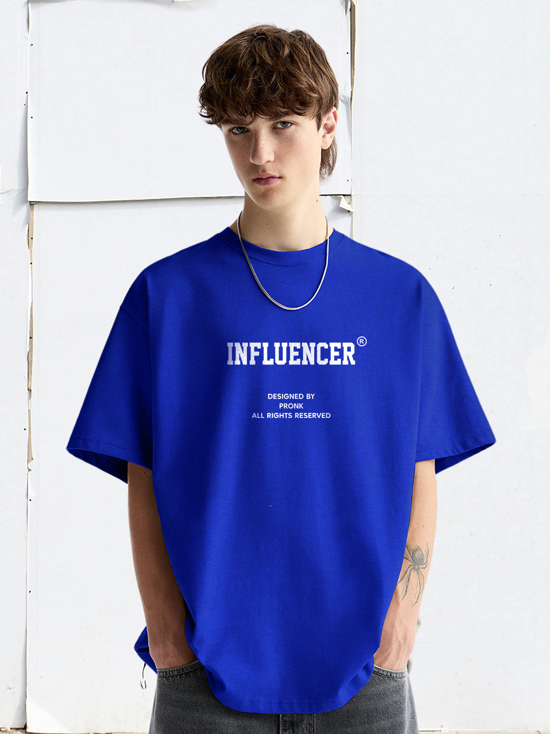 INFLUENCER Blue Men Oversized T-Shirt – Pure Cotton | Streetwear Fashion | Loose Fit