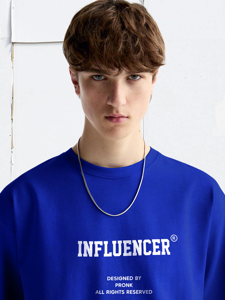 INFLUENCER Blue Men Oversized T-Shirt – Pure Cotton | Streetwear Fashion | Loose Fit