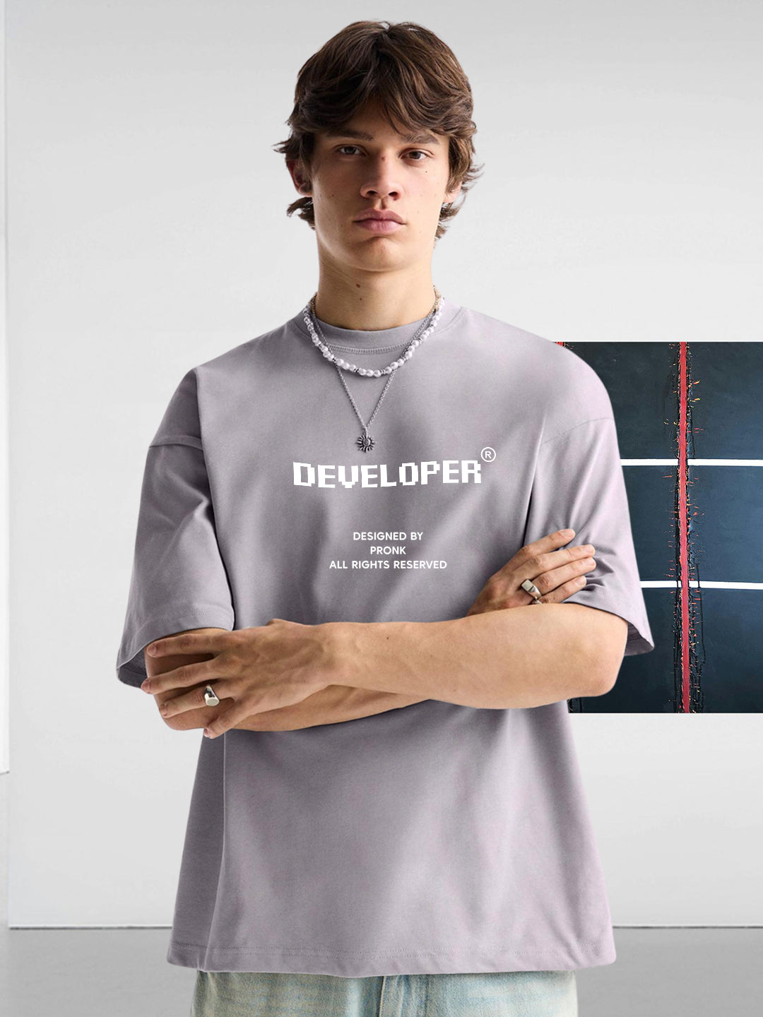 DEVELOPER Ash Grey Men Oversized T-Shirt – Pure Cotton | Streetwear Fashion | Loose Fit