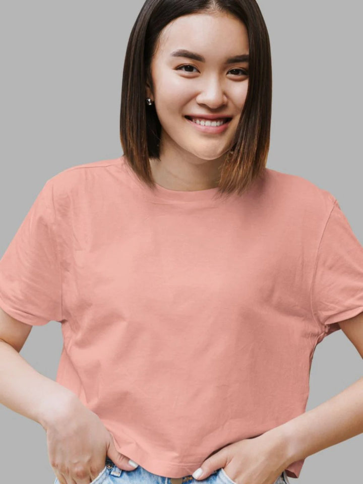 Solid Women Half Sleeve Crop Top - Salmon Pink