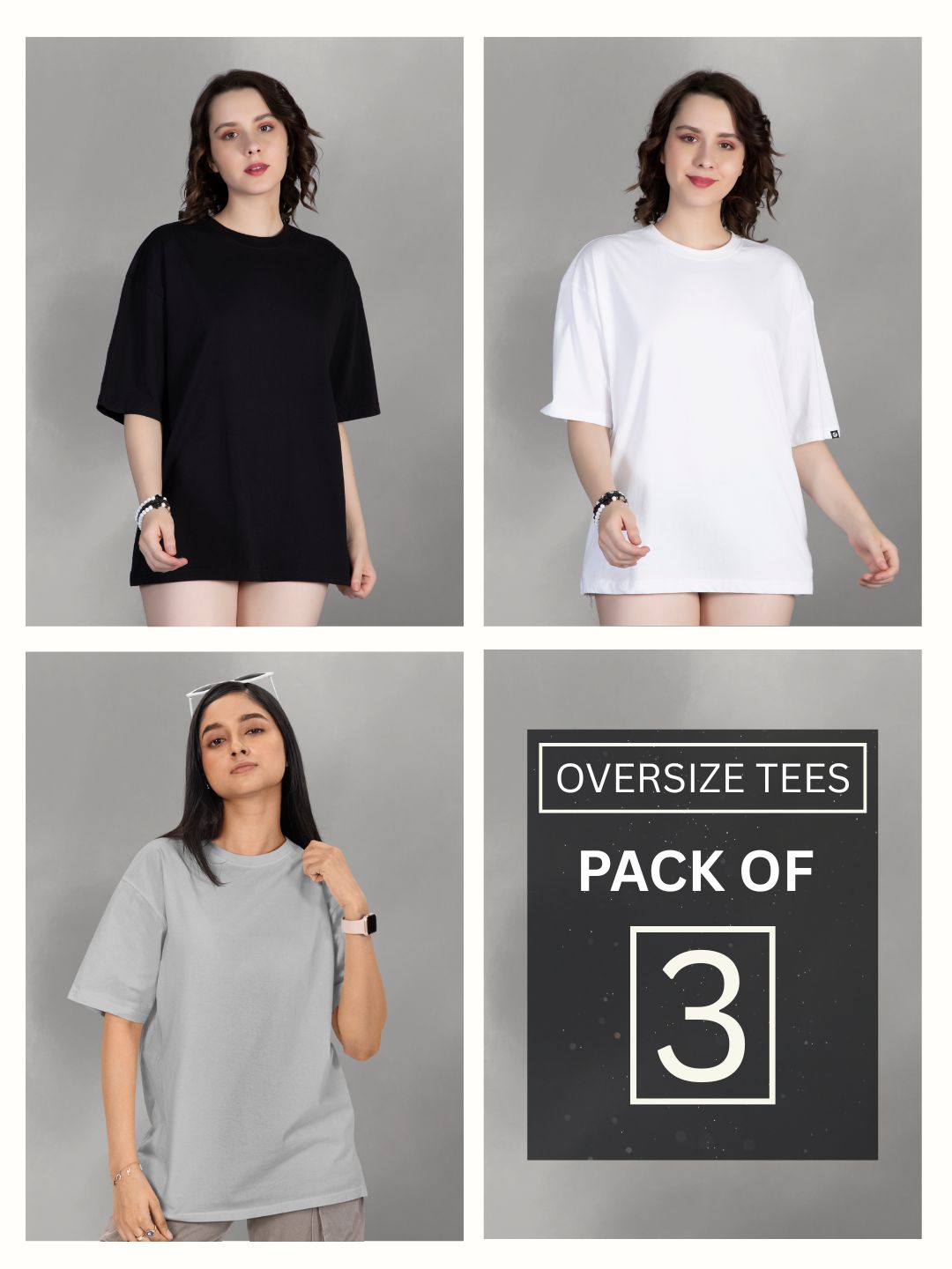Women T-Shirt Solid Oversized Combo - Pack of 3