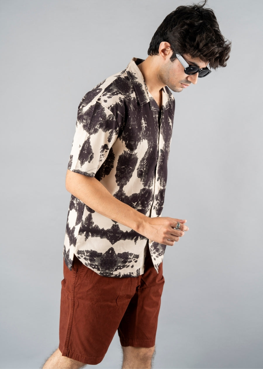Mens Cuban Collar Printed Casual Shirt