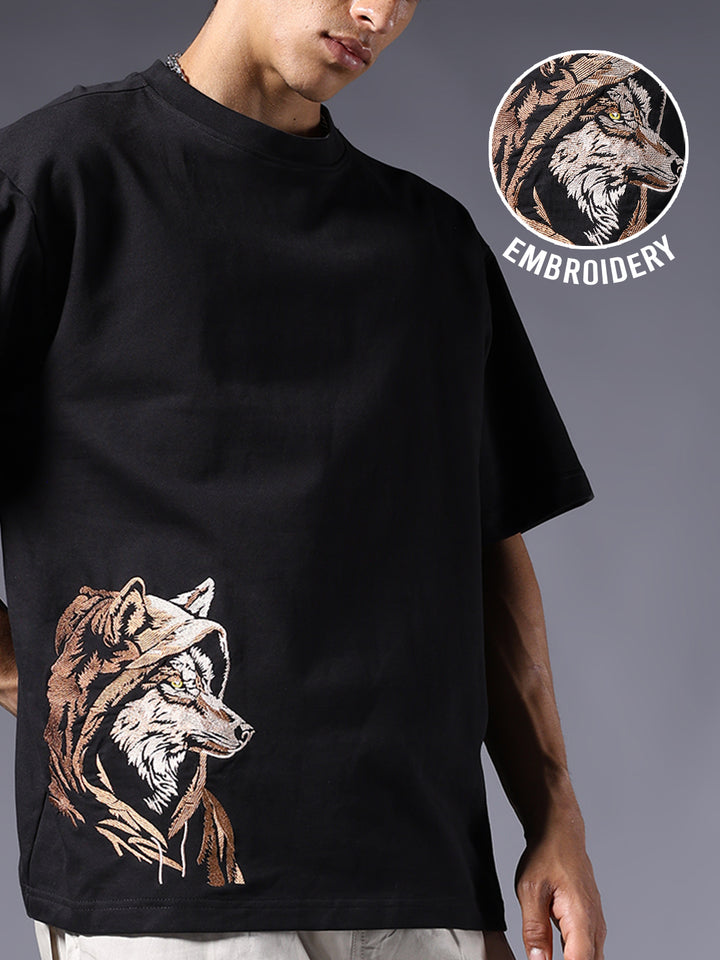 Wolf Embroidered Men Oversized Black Terry T-Shirt