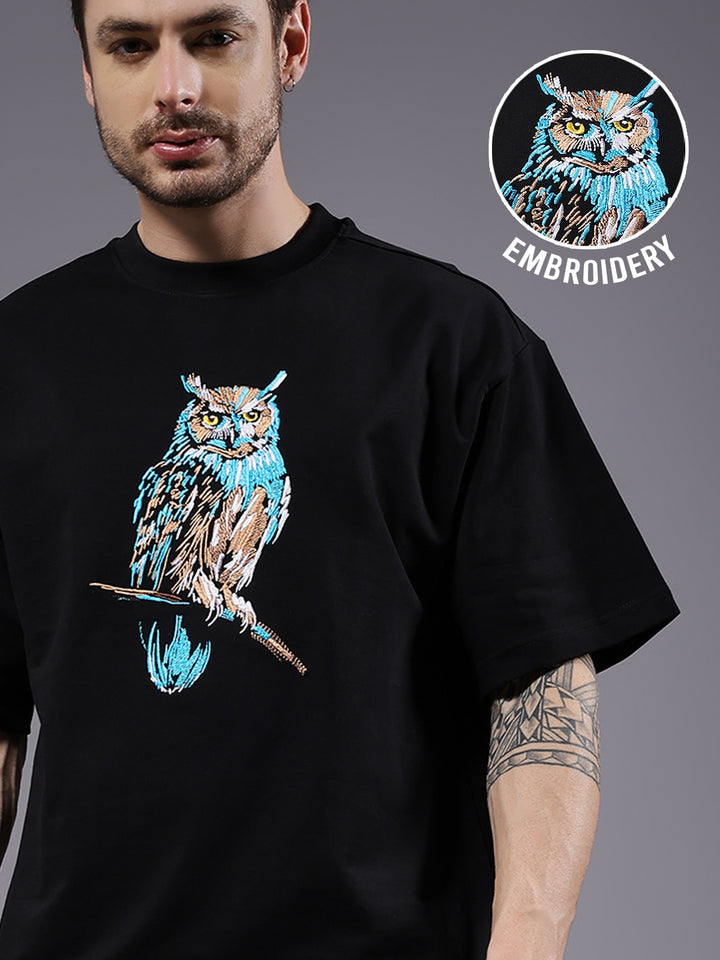 Owl Embroidered Men Premium Oversized Terry T-shirt