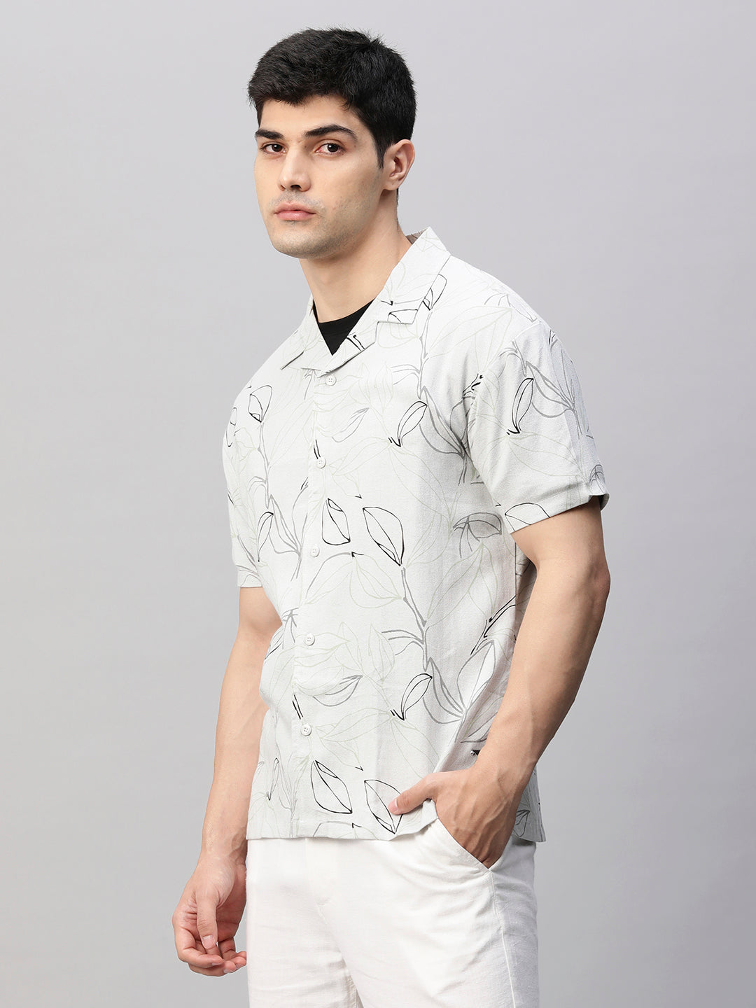 Mens Cuban Collar Printed Casual Shirt