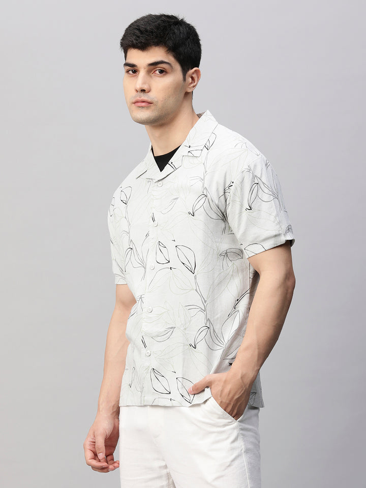 Mens Cuban Collar Printed Casual Shirt