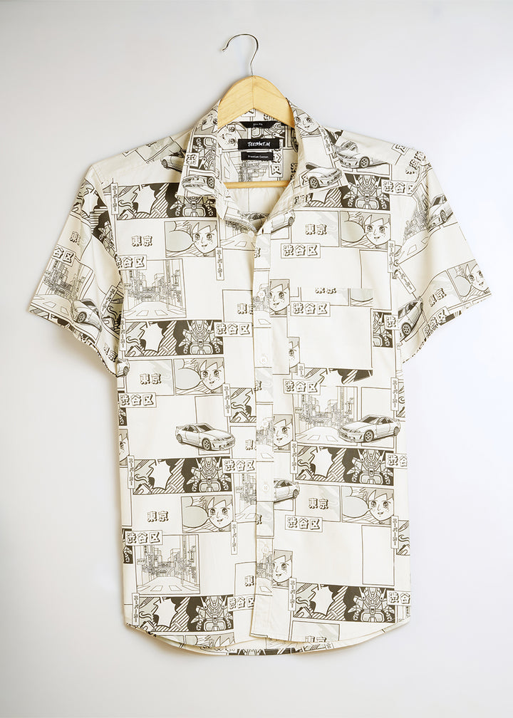Anime Printed Mens Half Sleeve Shirt - Ash Grey