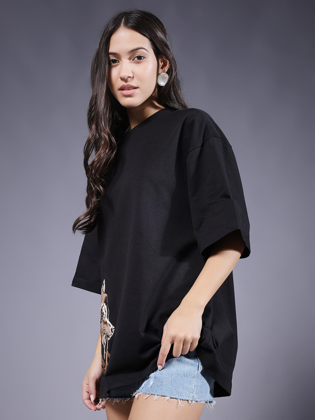 Wolf Embroidered Women Oversized Black Terry T-Shirt