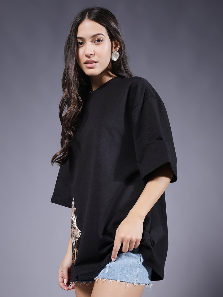 Wolf Embroidered Women Oversized Black Terry T-Shirt