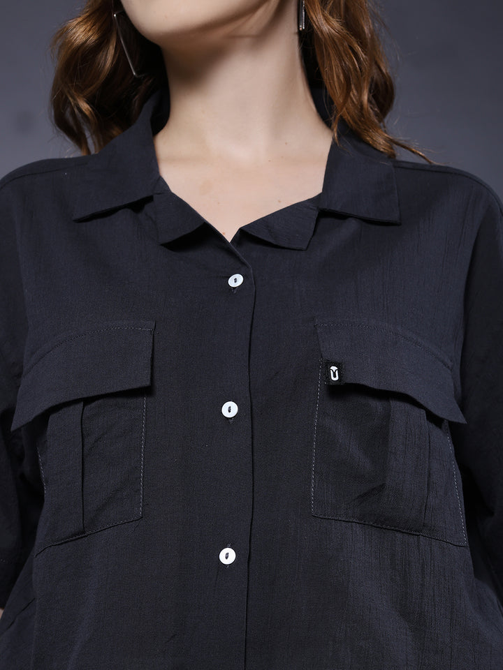 Women Solid Crop Shirt - Dark Grey