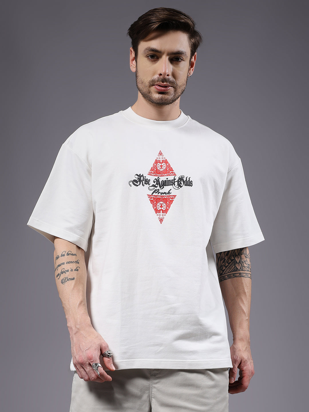 Rise Against Odds Puff Printed Men Oversized Terry T-shirt