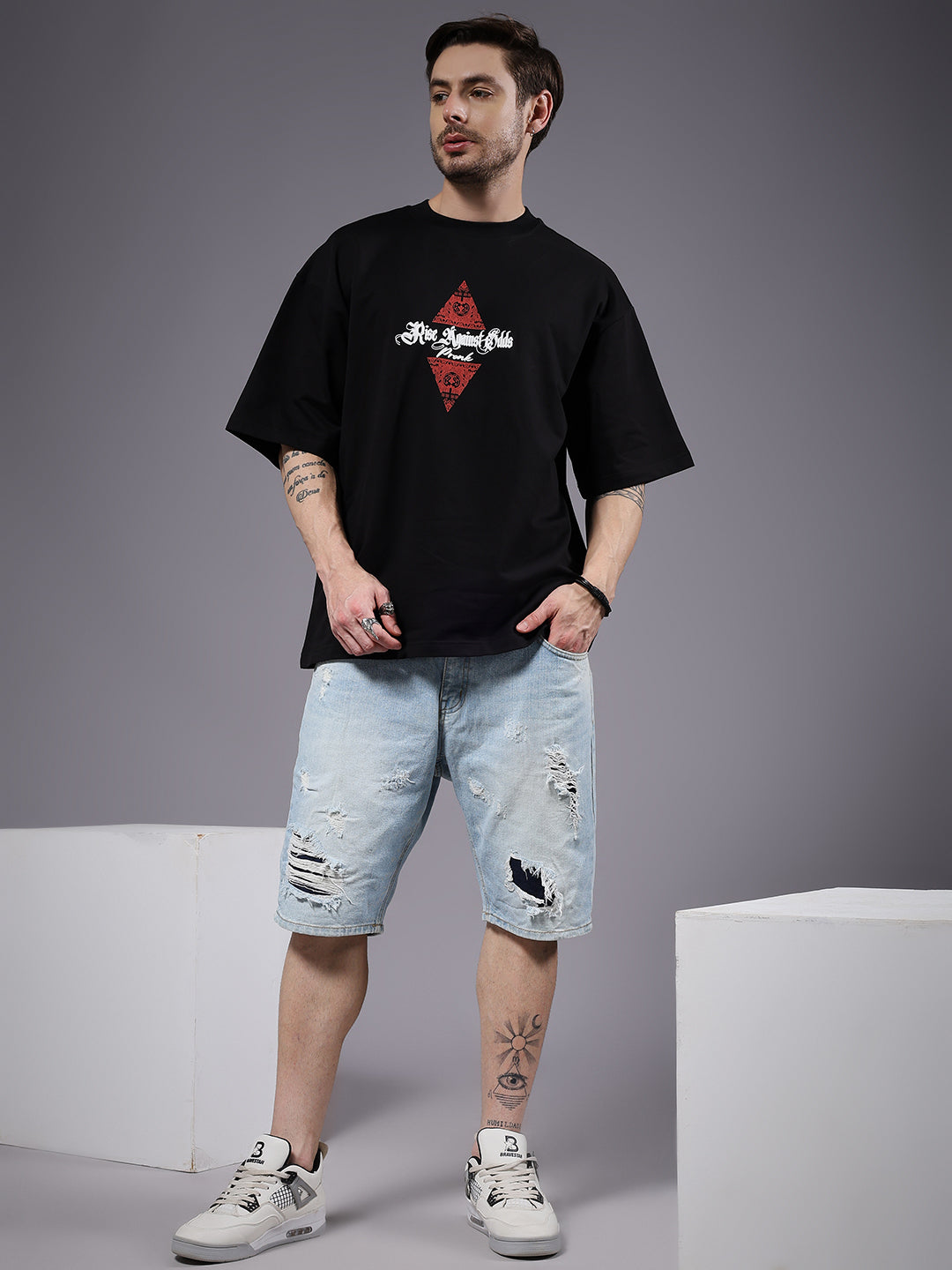 Rise Against Odds Puff Printed Men Oversized Terry T-shirt