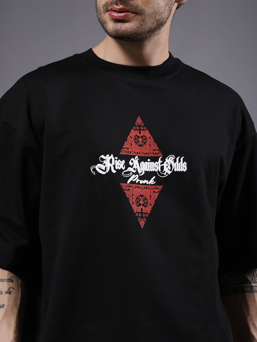 Rise Against Odds Puff Printed Men Oversized Terry T-shirt