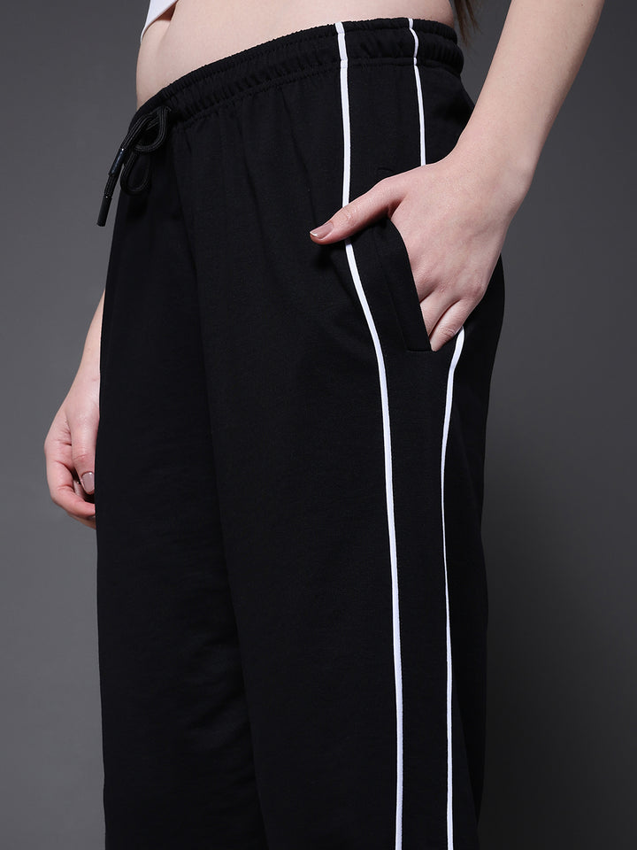 Women Premium Terry Jogger with Side Stripes - Black