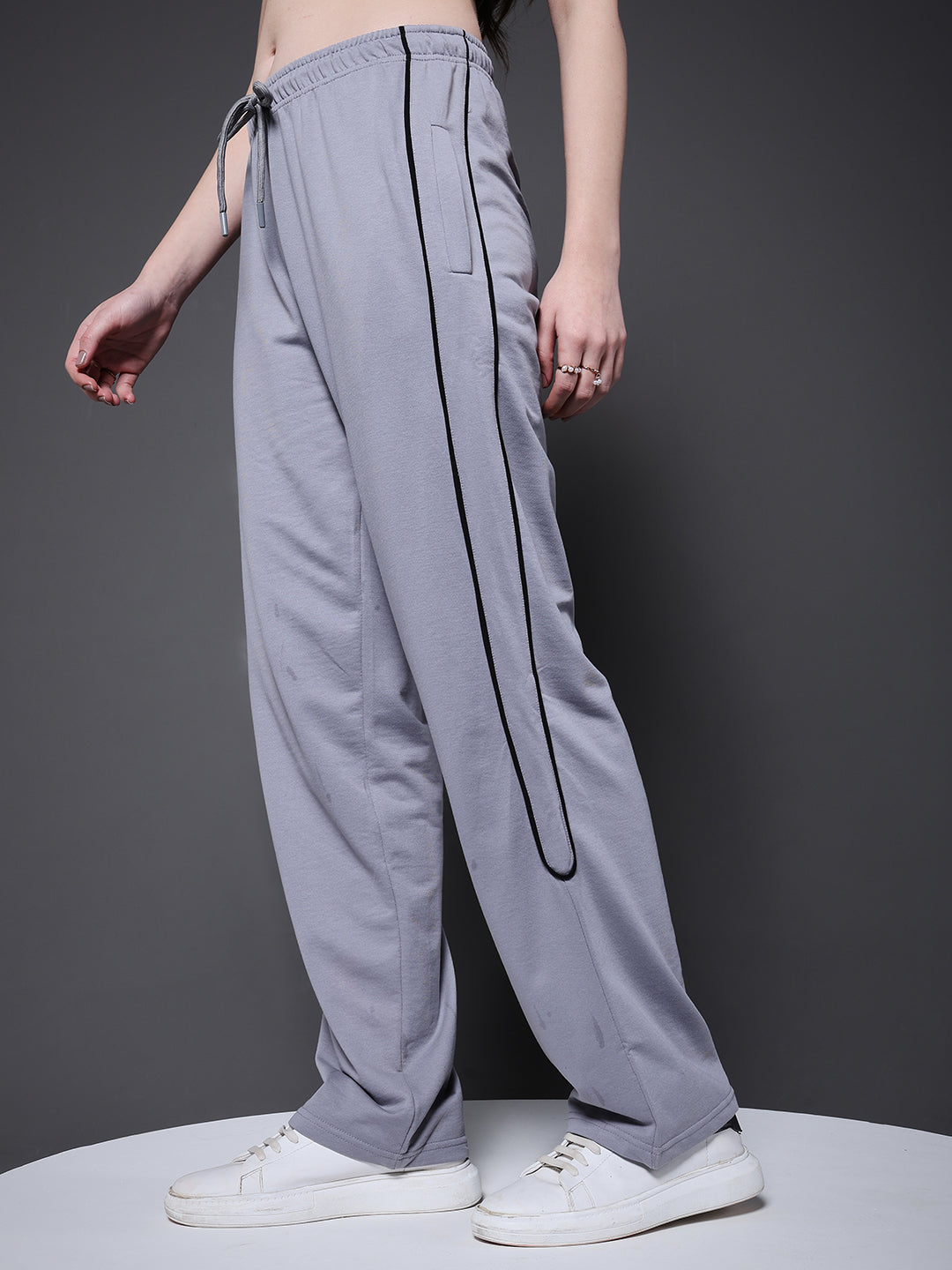 Women Premium Terry Jogger with Side Stripes - Ash Grey