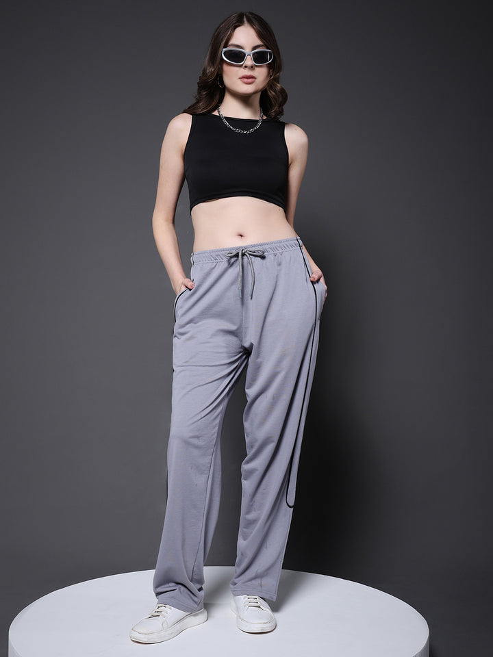 Women Premium Terry Jogger with Side Stripes - Ash Grey
