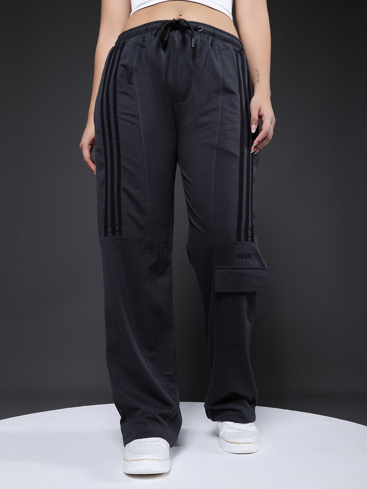 Women Premium Terry Cargo Pants with Side Stripes - Dark Grey