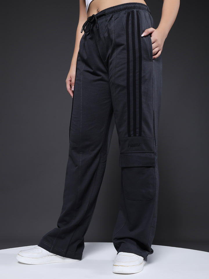 Women Premium Terry Cargo Pants with Side Stripes - Dark Grey