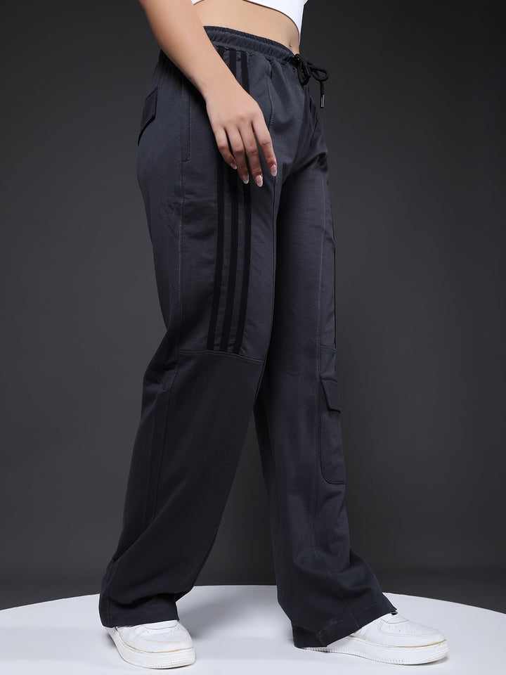 Women Premium Terry Cargo Pants with Side Stripes - Dark Grey