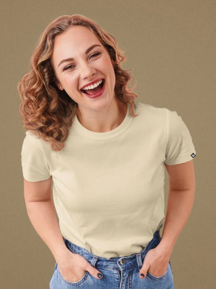 Women Solid Half Sleeve T-Shirt - Beige