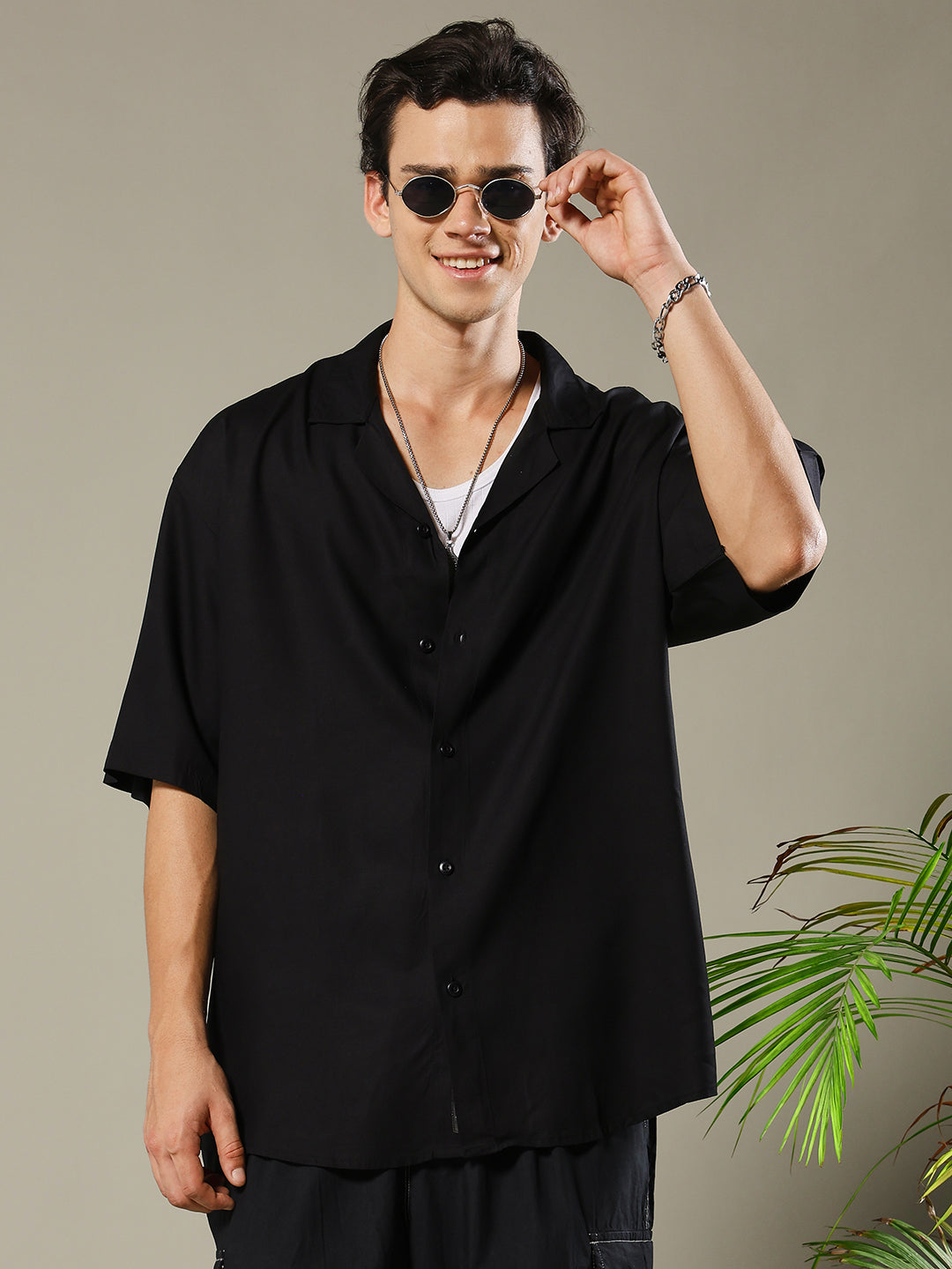 Solid Mens Fluidic Oversized Shirt - Black