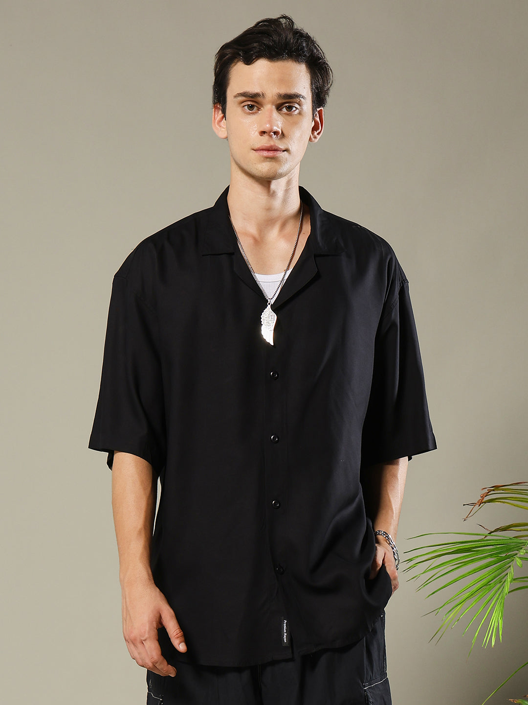 Solid Mens Fluidic Oversized Shirt - Black