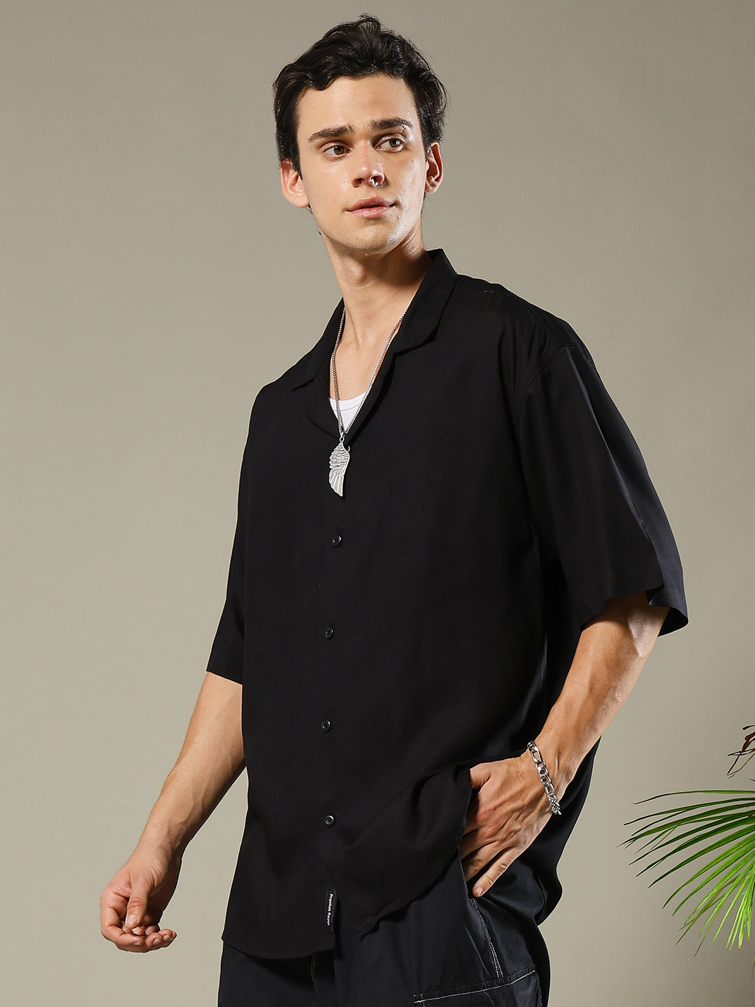 Solid Mens Fluidic Oversized Shirt - Black
