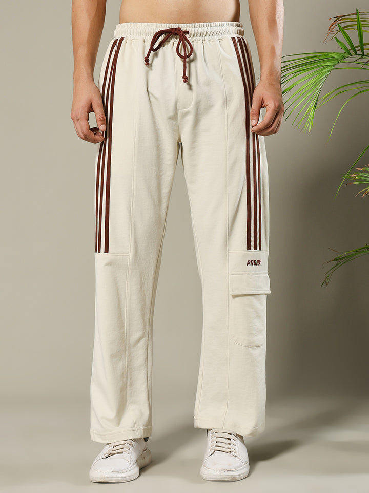 Men Premium Terry Cargo Pants with Side Stripes - Beige