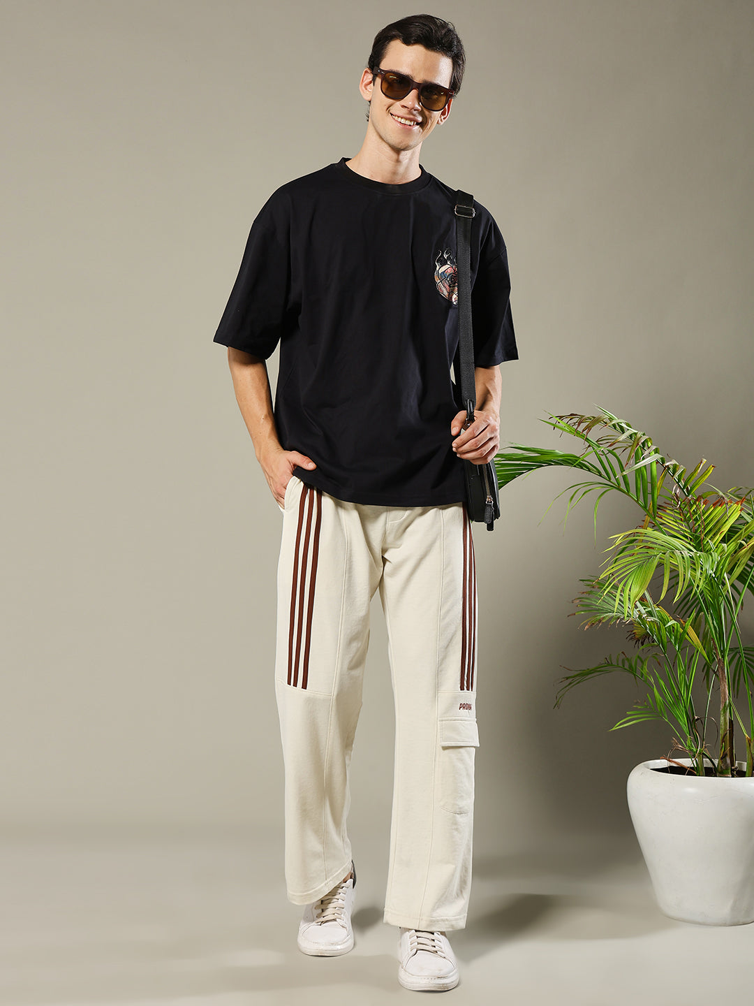 Men Premium Terry Cargo Pants with Side Stripes - Beige