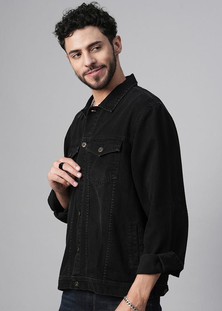 Men Black Regular Fit Full Sleeves Denim Jacket