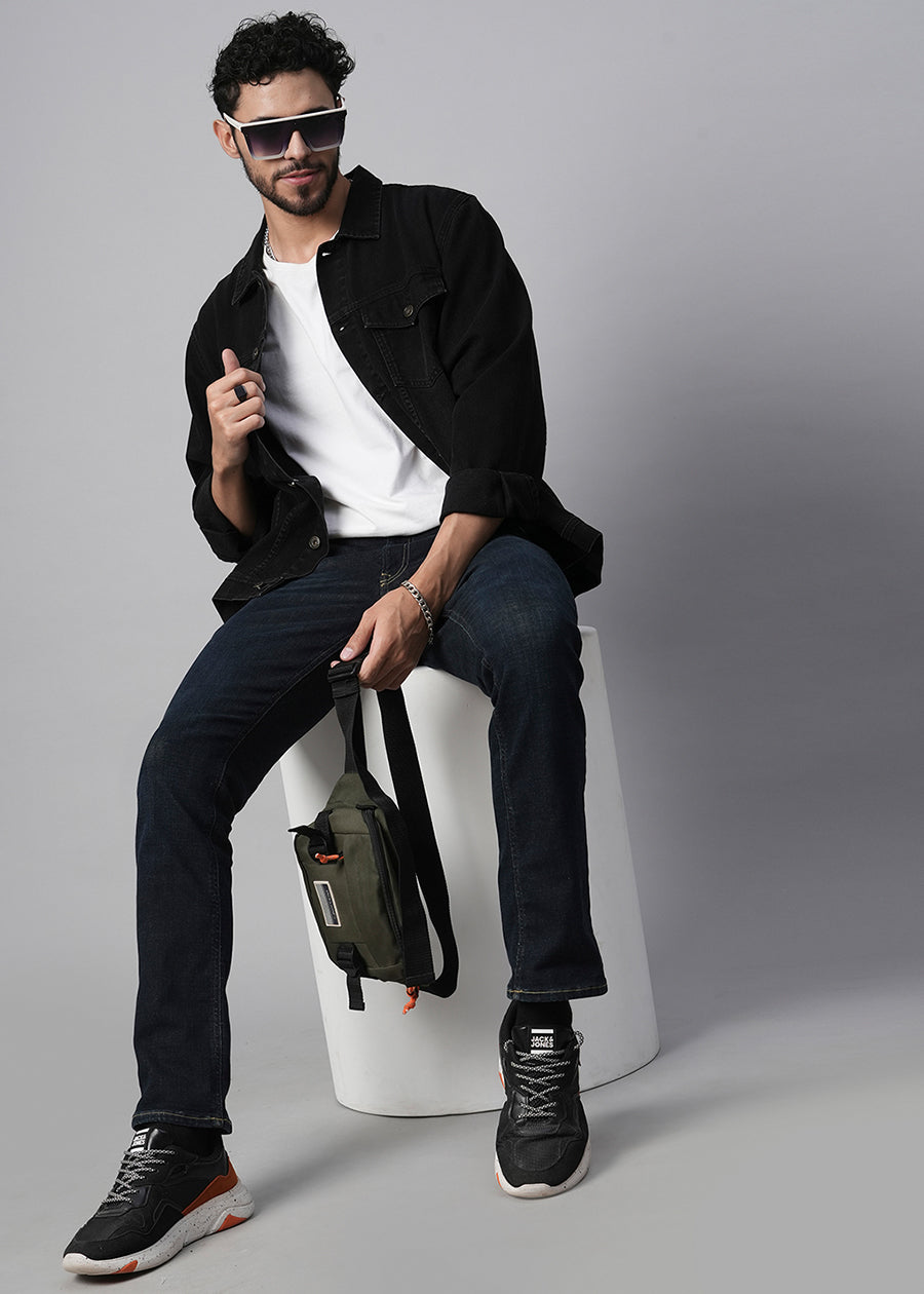 Men Black Regular Fit Full Sleeves Denim Jacket