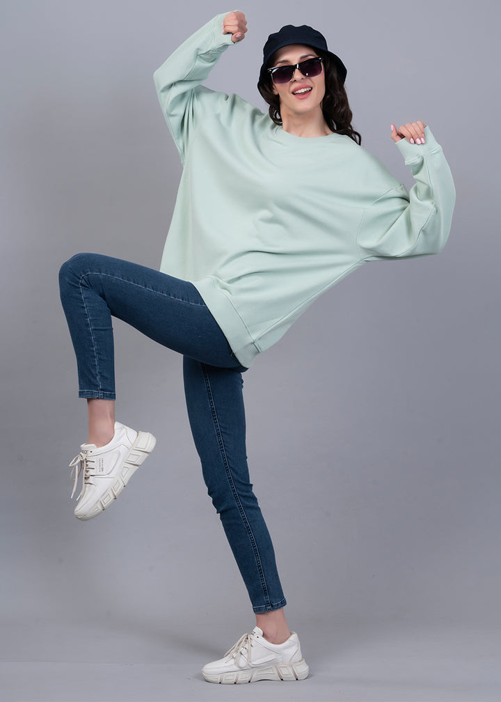 Solid Mint Green Women Drop Shoulder Terry Sweatshirt | Pronk