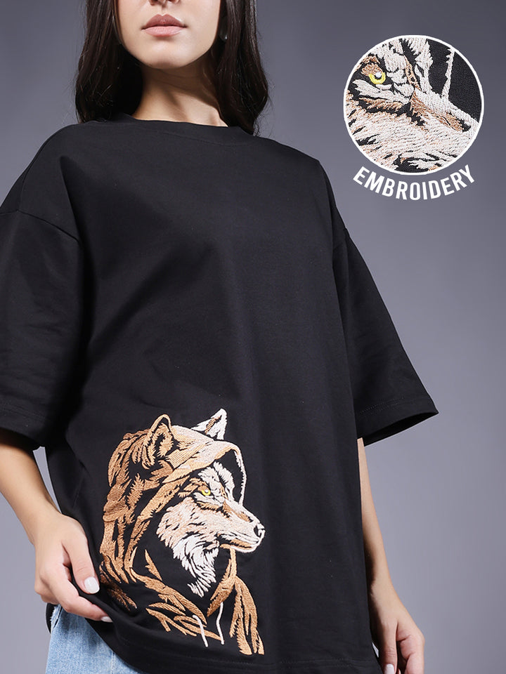 Wolf Embroidered Women Oversized Black Terry T-Shirt