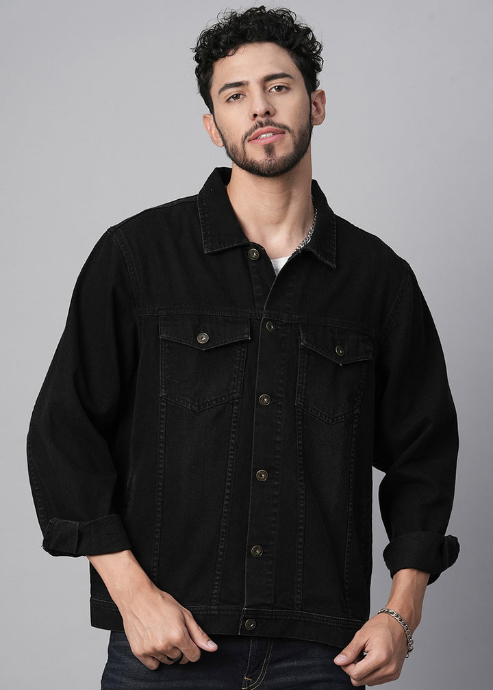 Men Black Regular Fit Full Sleeves Denim Jacket