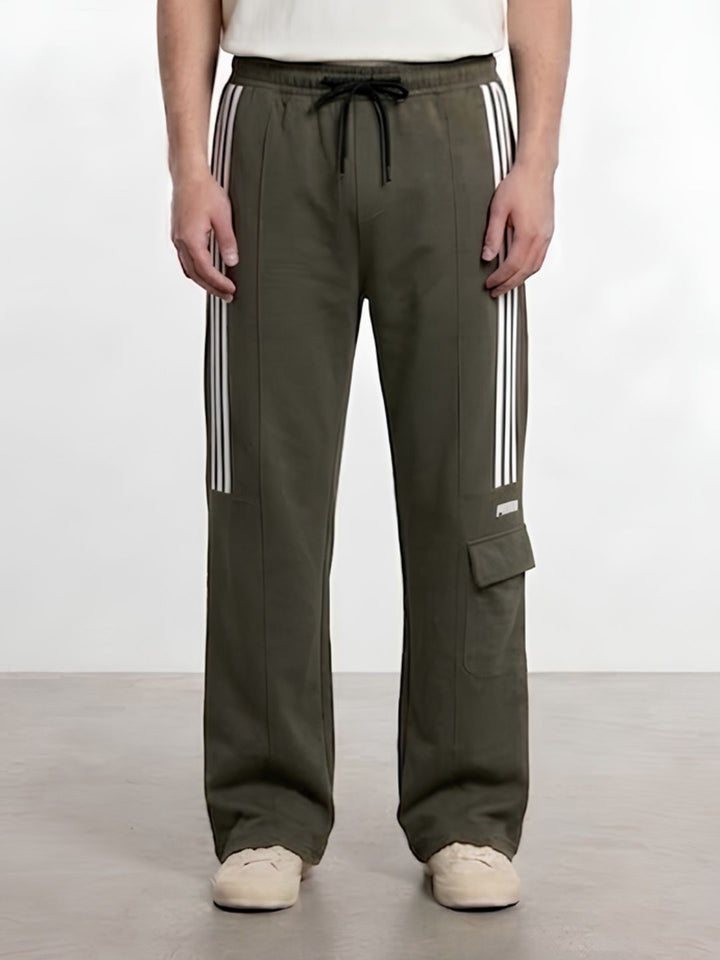 Men Premium Terry Cargo Pants with Side Stripes - Olive Green