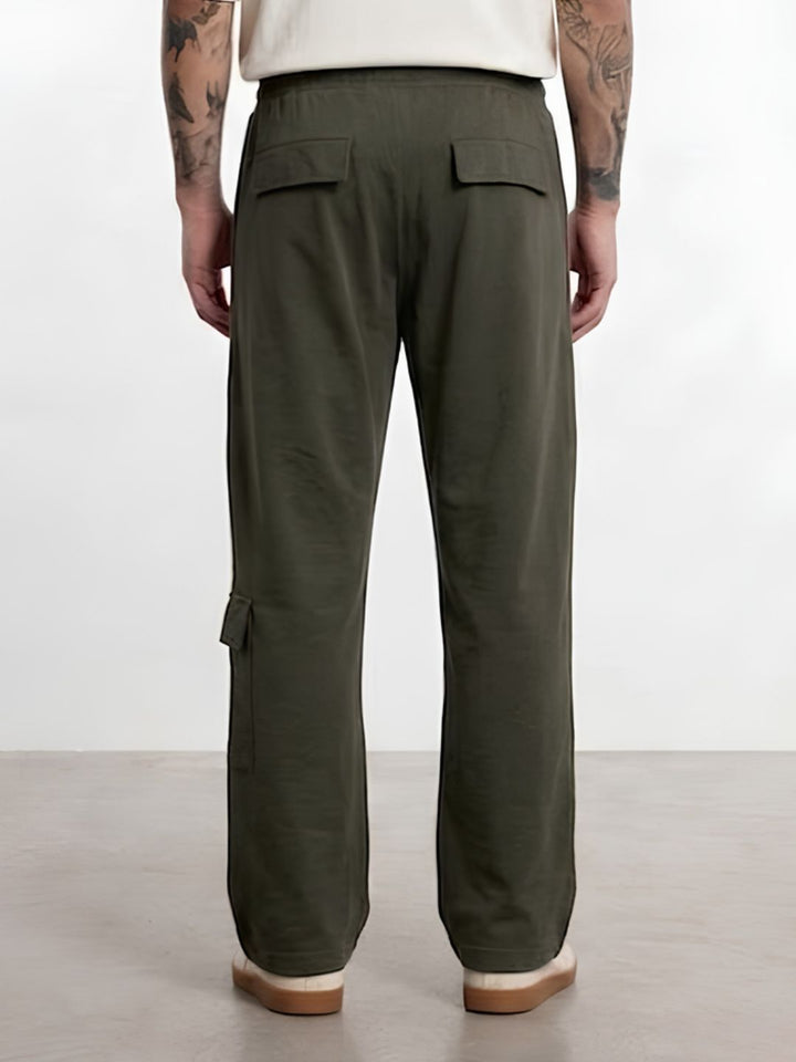 Men Premium Terry Cargo Pants with Side Stripes - Olive Green