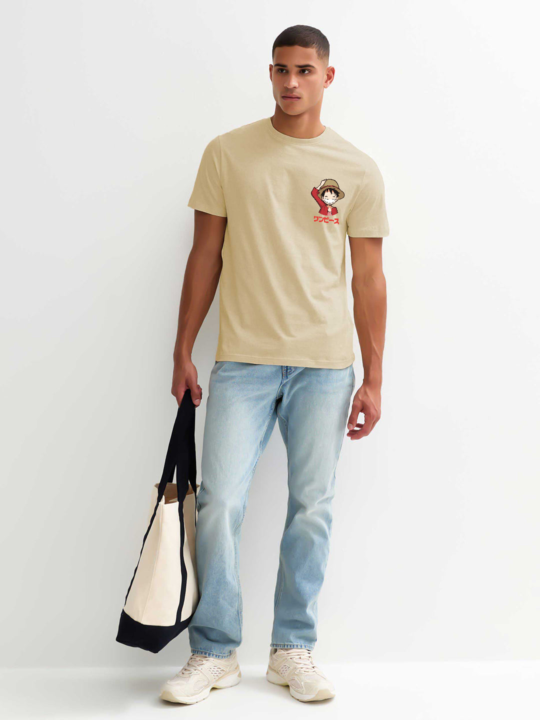 Run Luffy Men Regular Fit Beige Half Sleeve T-Shirt