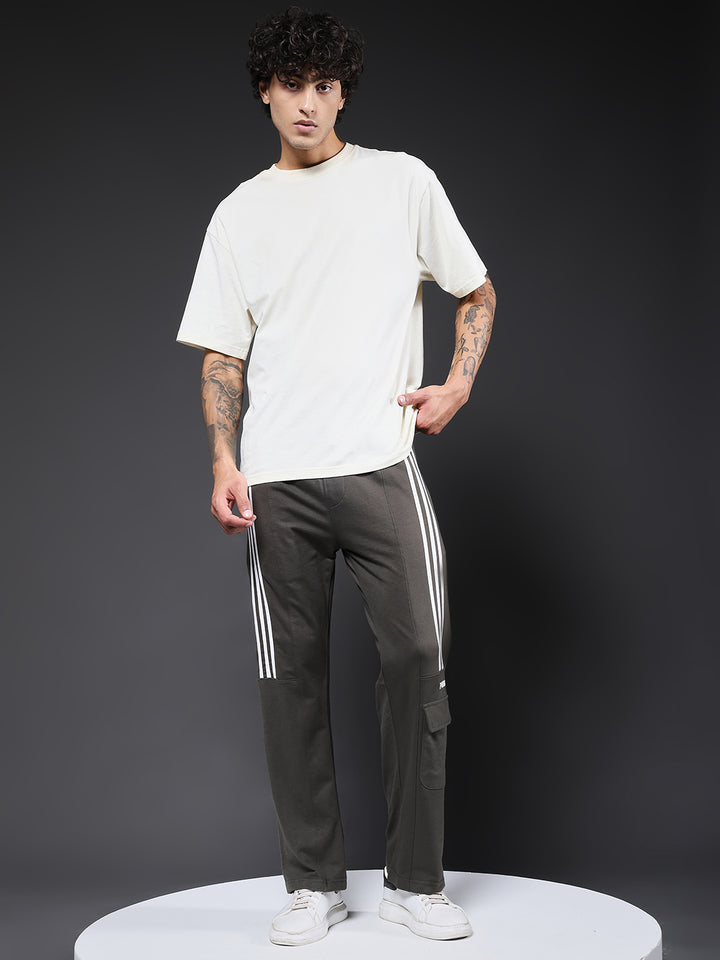 Men Premium Terry Cargo Pants with Side Stripes - Olive Green