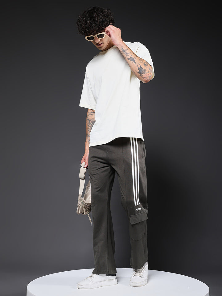 Men Premium Terry Cargo Pants with Side Stripes - Olive Green