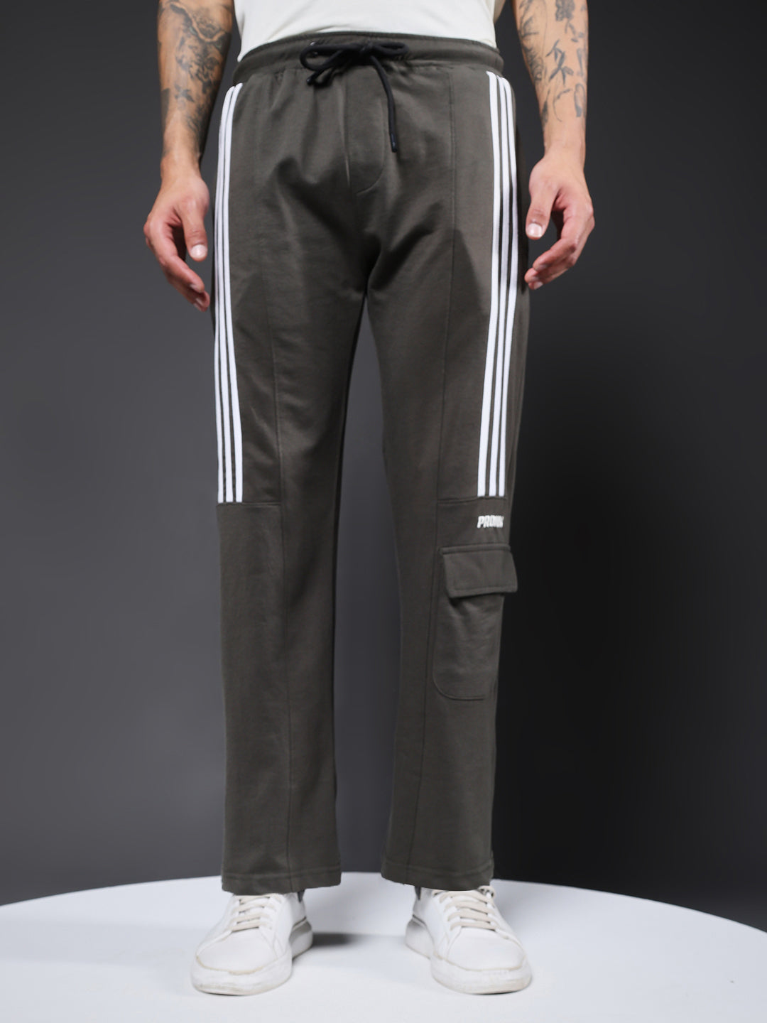 Men Premium Terry Cargo Pants with Side Stripes - Olive Green