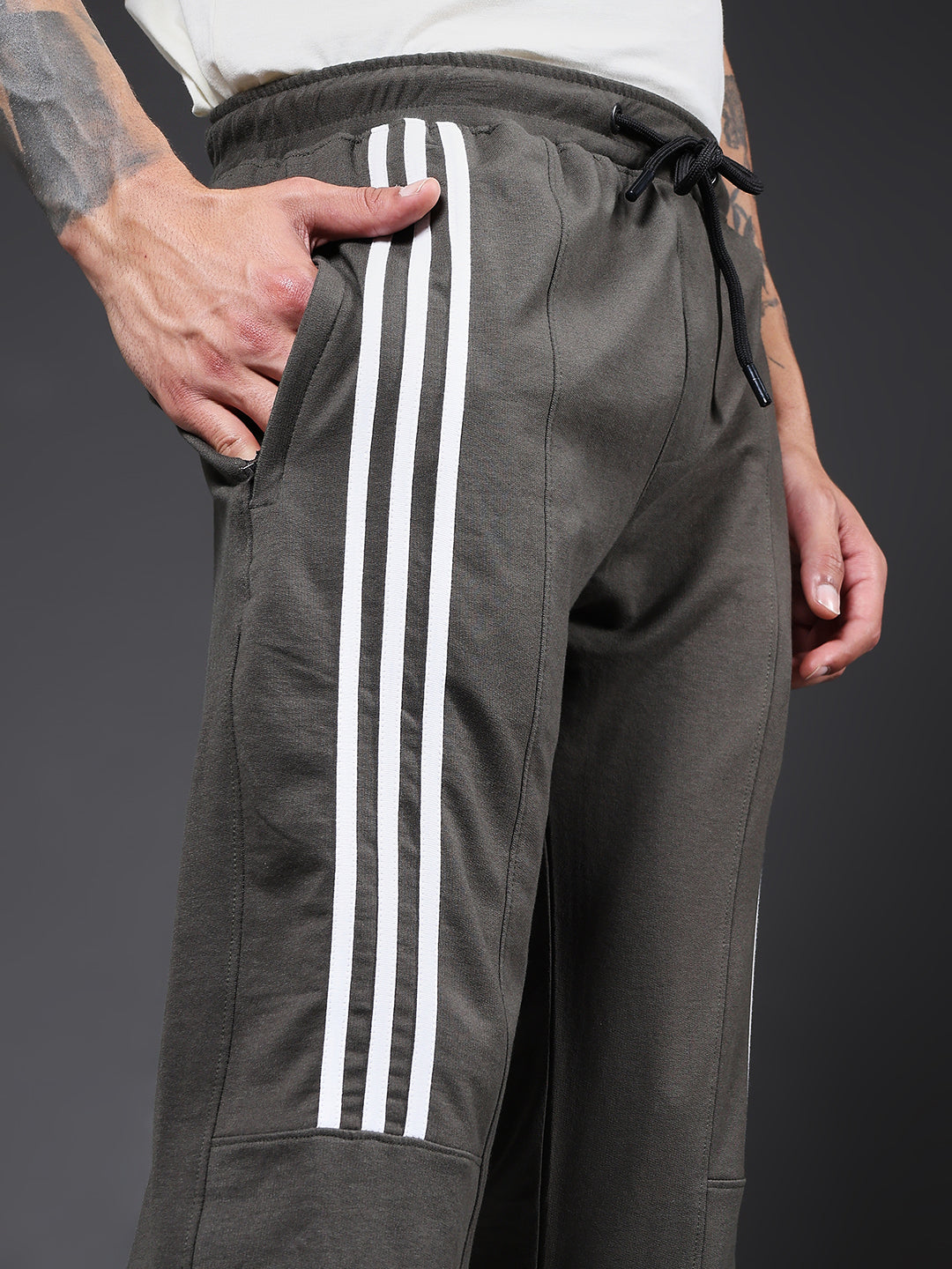 Men Premium Terry Cargo Pants with Side Stripes - Olive Green