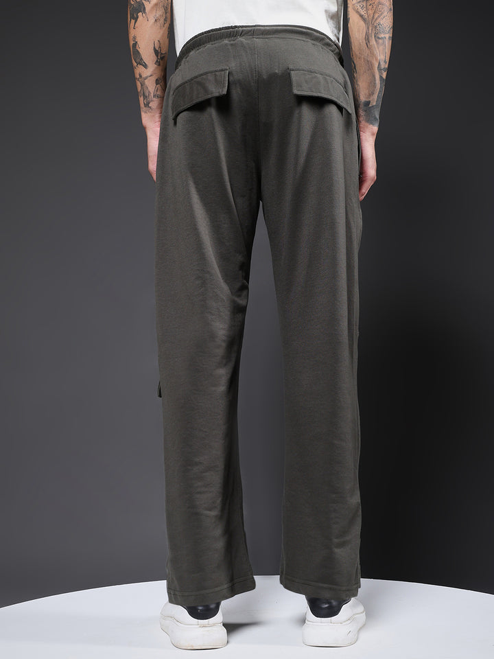 Men Premium Terry Cargo Pants with Side Stripes - Olive Green