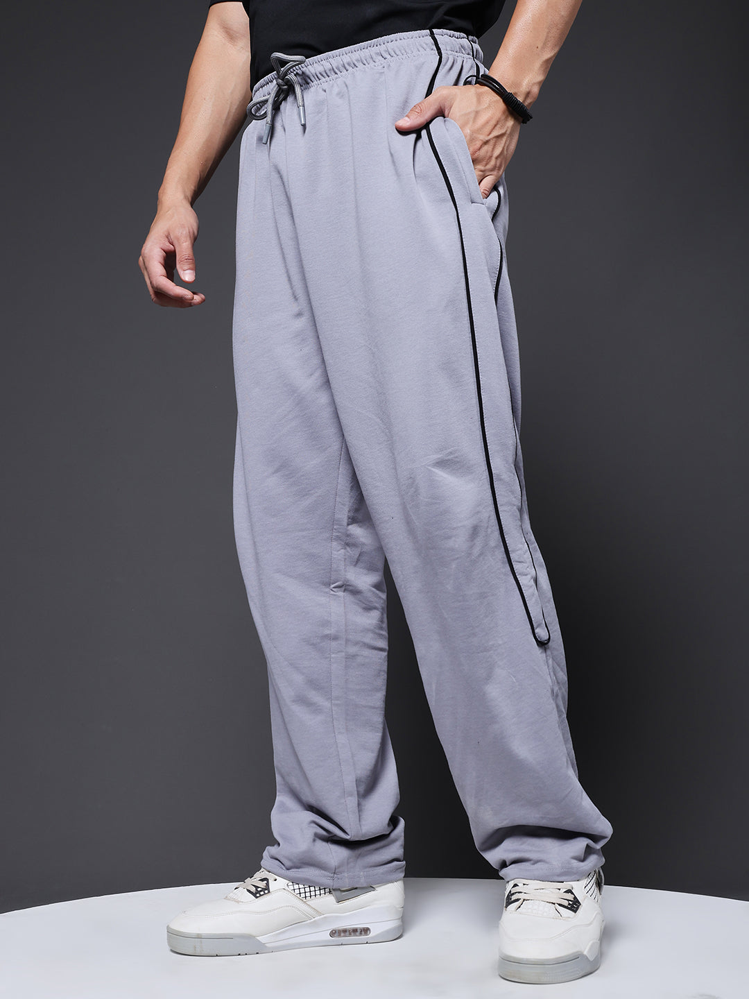 Men Premium Terry Jogger with Side Stripes - Ash Grey