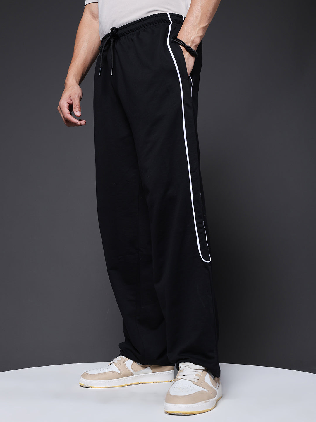 Men Premium Terry Jogger with Side Stripes - Black