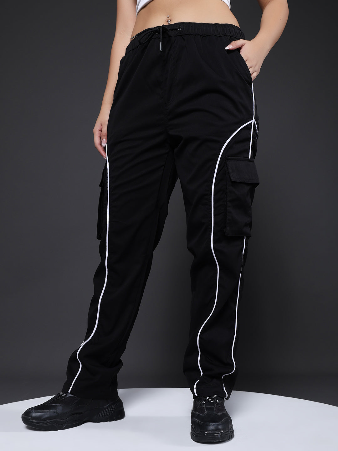 Women Striped Cargo Joggers - Black