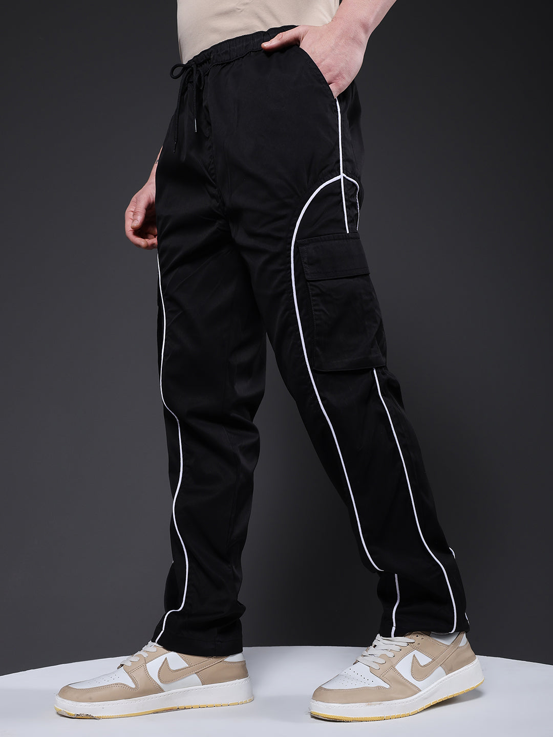 Men Striped Cargo Joggers - Black
